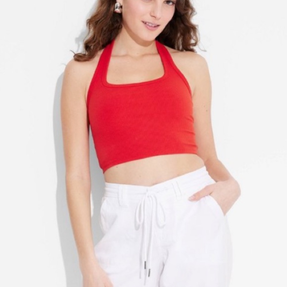 Wild Fable Red Ribbed Halter Neck  Crop Top
